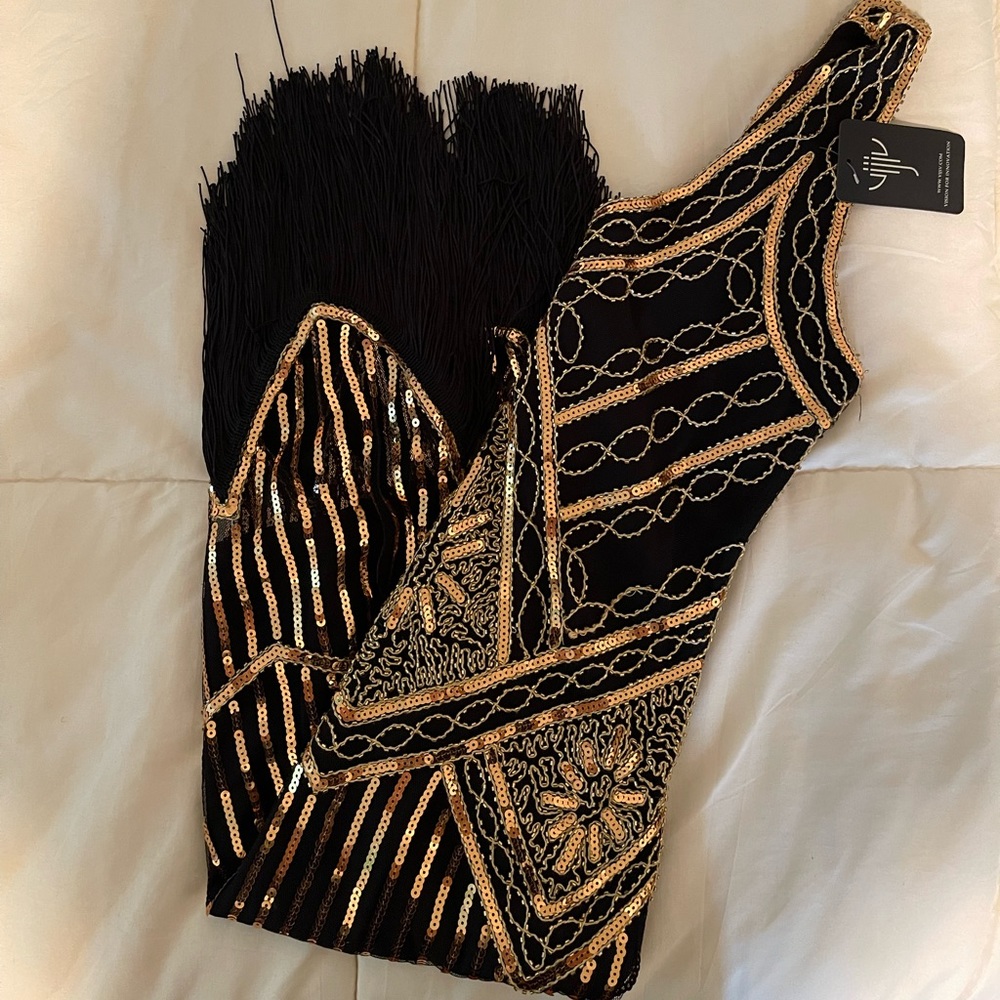 1920s Vintage Sequin Embellished Fringe Long Gatsby Flapper Dress - Size S